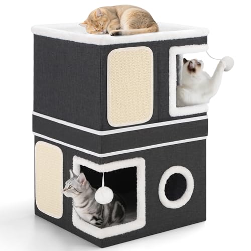 2 Story Cat House beds for Indoor Cats with Scratch Pads Black (Black / Double)