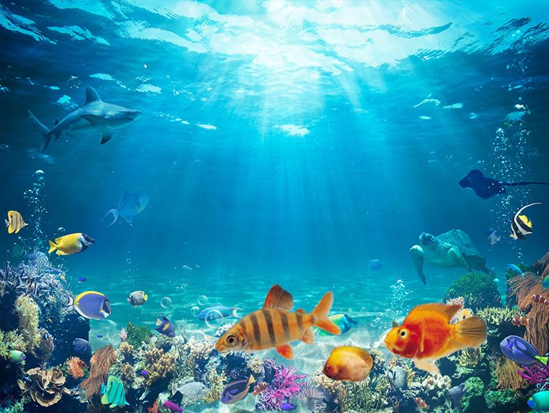 36X20IN Aquarium Background Under The Sea Coral Reef Scenery Backdrop Terrarium Background Underwater Marine Organism Fish Tank Background with 10EVA Double (Blue02 / 36X20in/90X50cm)