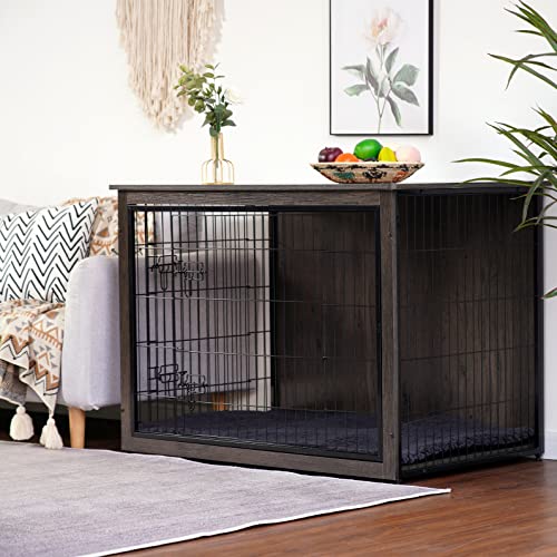 43.3" XXL Dog Crate Furniture with Cushion (Dark Gray / 43.3"L x 29.1"W x 31.7"H)