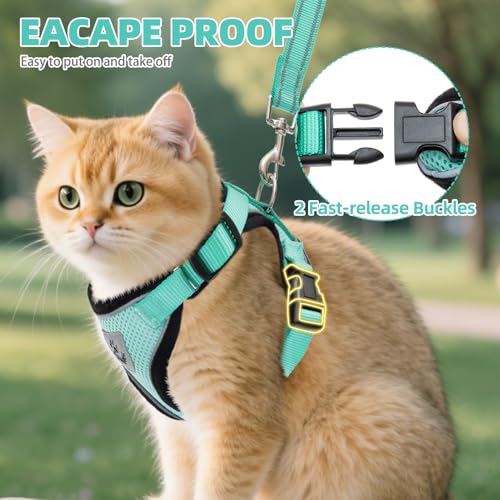 Cat Harness and Leash Set Escape Proof Reflective Cat Walking Harness Adjustable Soft Breathable Mesh Vest for Small Pets (L (NECK 14"-18", CHEST 18"-26.5") / Aquamarine)