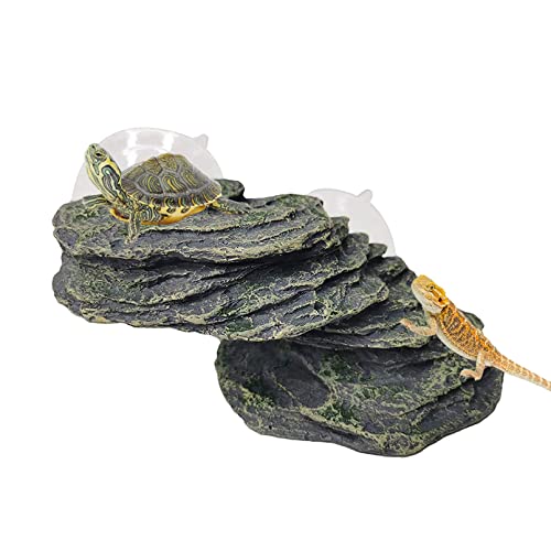 Turtle Basking Platform with Suction Cup Tortoise Climbing Rest Terrace Resin Step Decoration Reptile Habitat Rock Decor for Frogs (Slope)