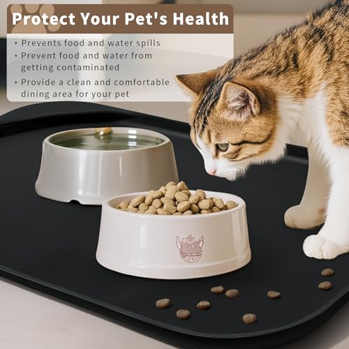 Silicone Pet Food Mat with Raised Edge for Food and Water Bowl (19 x 12 x 0.7 inch / Black)