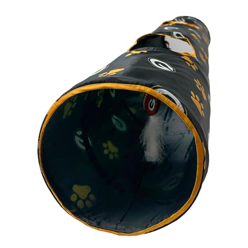 NFL Green Bay Packers Cat Tunnel Tube Toy with Plush Football Catnip and Feathers Collapsible Tunnel for Cats to Play (Green Bay Packers)