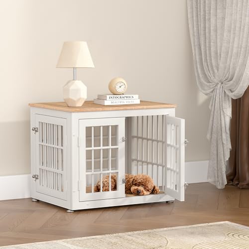 26" Heavy Duty Dog Crate Furniture for Small Dogs (White + Natural / 26.0"L x 20.5"W x 22.0"H)