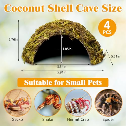 4 Pack Natural Green Moss Hermit Crab Hide Caves Coconut Reptile Hideouts (Moss Surface / 4 PCS)