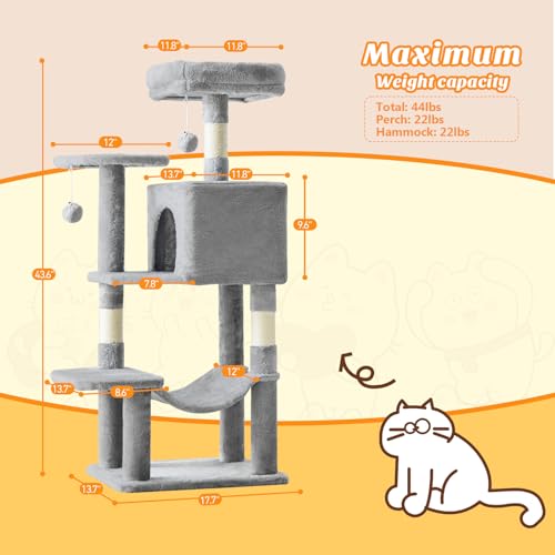 44 Inch Small Cat Tree Tower for Indoor Cats and Kittens (Light Grey / 44IN)