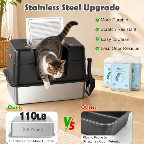 XL Stainless Steel Cat Litter Box with 13.2 lb Cat Litter (Black(With 13.2 lb Litter))