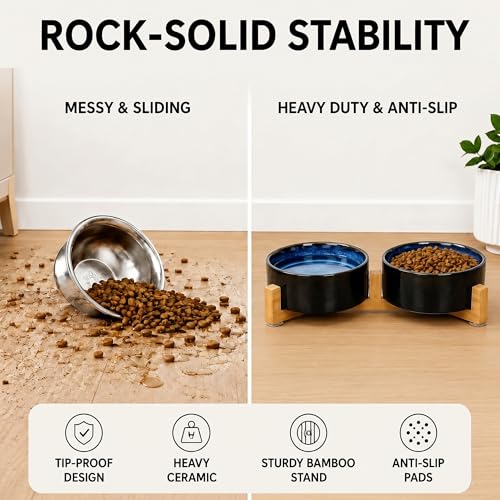 Ceramic Dog and Cat Bowl Set with Wooden Stand (1.7 cups / Starry Blue × 2)