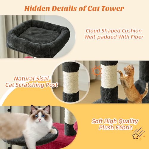 44 in Cat Tree Tower with Natural Sisal Scratching Posts (Black Red / 43.6"×13.7"×17.7")