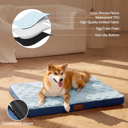 Orthopedic Large Dog Bed Washable Pet Crate Mat 48''X30'' Blue (Blue / 48"L x 30"W x 3.5"Th)