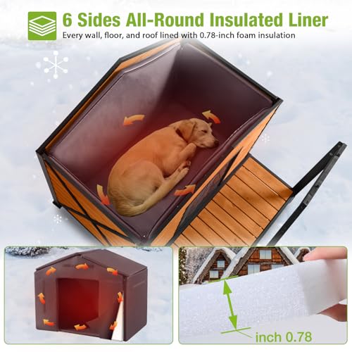 Large Insulated Dog House Outdoor Weatherproof with Iron Frame (41.6"L Insulated Brown)