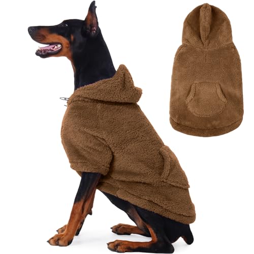 Fuzzy Dog Sweater with Adjustable Hood & Harness Hole (XX-Large / Brown)