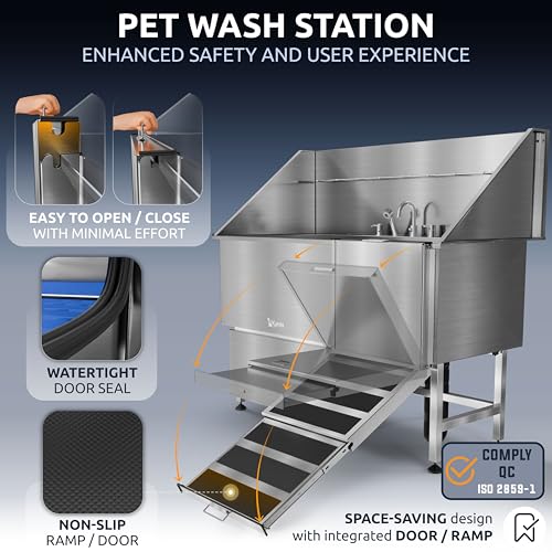 Professional Dog Washing Station 304 Stainless Steel Pet Wash Sink (Silver, Right Ramp, 1 Drawer / 61 Inches)