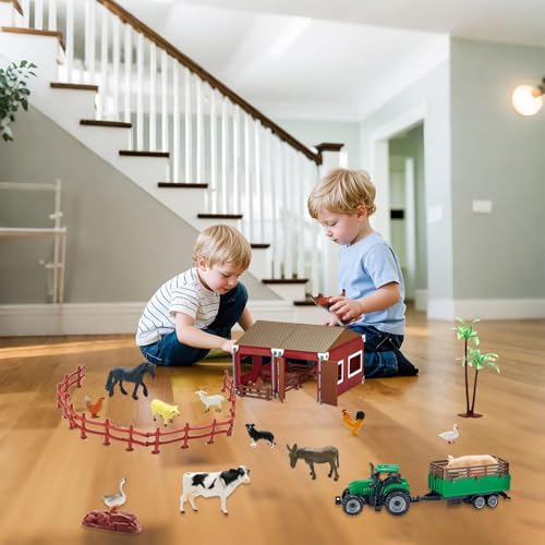 66PCS Mini Farm Animal Barn Toy with Tractor Trailer Fence for Kids Ages 3+ (Farm Animals Toys)