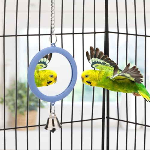 Bird Mirror Toy with Bell Interactive Parrot Hanging Mirror (BLUE)
