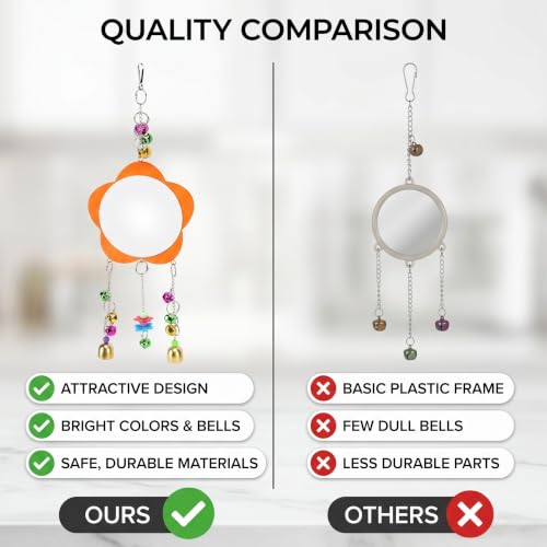 Hanging Bird Mirror Toy with Colored Bells for Parakeets