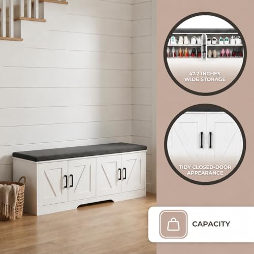 Farmhouse Shoe Storage Bench with 4 Barn Doors & Padded Seat Cushion (White / 47.2" Wide)