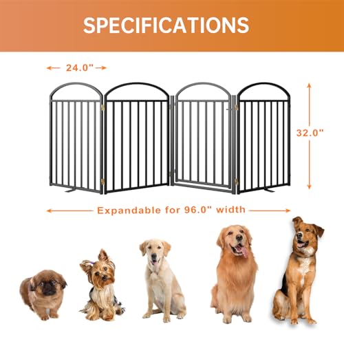 4 Panels Full Matel Freestanding Dog Gates with Door (【4 Panels with Door】96"W*32H" / Black)