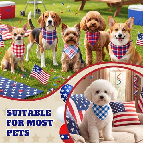 50 Pcs Veterans Day Dog Bandanas Bulk (Red White Blue Plaid / 19.7 x 13.8 x 13.8'')