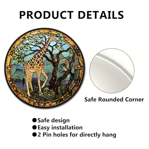 Metal Sign Tin Sign Circular Stained Glass Giraffe Bathroom Signs for Home for Gift 12×12 Inches (12×12 Inches / Giraffe-1)