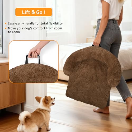 Calming Dog Bed Fluffy Plush Dog Mat for Furniture Protector with Removable Washable Cover for Large Medium Small Dogs and Cats (Brown / 53.0"L x 39.3"W x 6.0"Th)