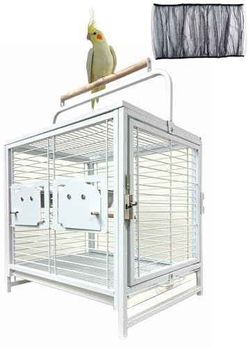 Portable Durable Heavy Duty Travel Veterinary Bird Parrot Carrier Cage Feeding Bowl Play Wooden Stand Perch with Handle Prevent Beaks Out (19" x 15" x 25"H / White Vein)