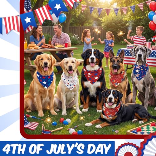 50 Pcs 4th of July Dog Bandanas Bulk for 1776 Patriotic 250th Anniversary Star Red White and Blue Independence Day Flag Scarf for Small Medium Large Outfit (Star / 31.5 x 21.7 x21.7 Inch)
