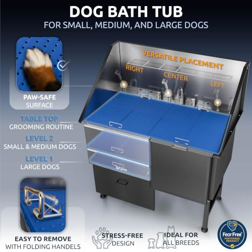 Professional Dog Washing Station 304 Stainless Steel Pet Wash Sink (Black, Right Ramp, 1 Drawer / 50 Inches)