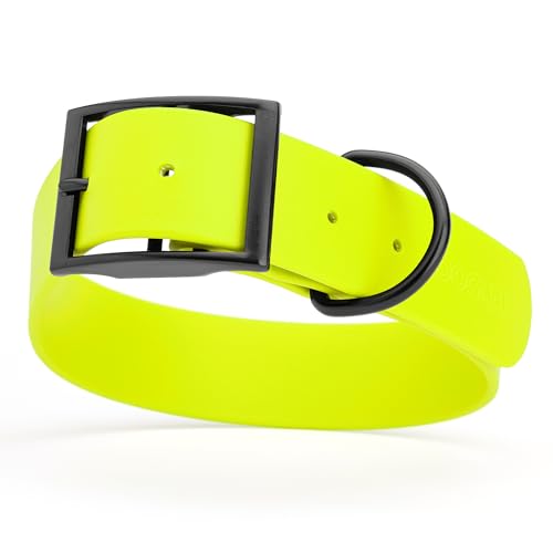 Biothane Waterproof Dog Collar Strong Coated Nylon Webbing with Black Hardware Odor (W1.5" x L16"-20" / Safety Yellow)