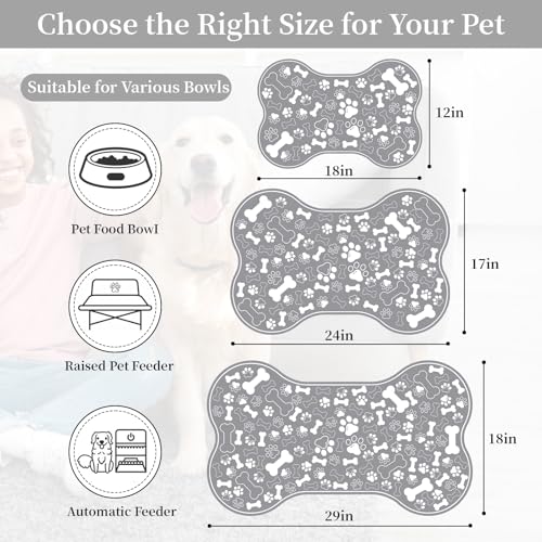 Dog & Cat Food Mat Bone Shaped Pet Feeding Mat Quick Absorb Water Bowl Placemat with Rubber Backing Indoor Floor Stain Resistant Pet Accessory Supplies (Grey / 12"L x 18"W)