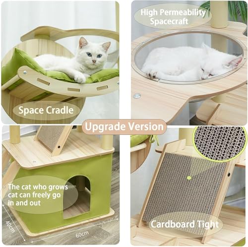 59.1-Inch-Green Cat Tree for Indoor Cats Large Adult, with Cat Condos,Cat Scratchers,Cat Hammock,Space Capsule, Plush Jumping Platform,Hanging Ball,Cat Trees for Indoor Cats(Green/Log Color) (Y18)