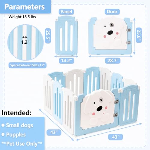 Puppy Play Pen for Indoors with Cute Dog Pattern Door (blue&white / 10 Fence Panels+1 Door)