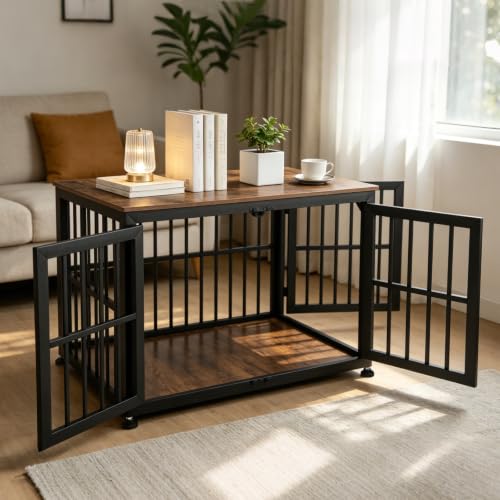 42 Inch Dog Crate Furniture for Large Medium Dogs (Black + Rustic Brown / 42.1"L x 28.2"W x 29.7"H)