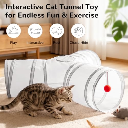 Cat Tunnel, 3-Way Collapsible Toy for Indoor Cats, White & Grey (White & Light Grey / Small)