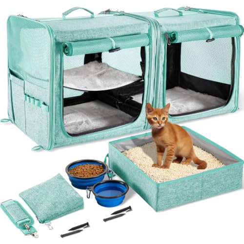 Extra Large Cat Carrier for 2 Cats with Travel Litter Box (Green)