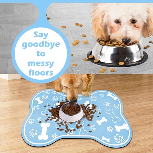 Dog Cat Mat for Food and Water (24"L x 16"W / Bone Shaped Blue)