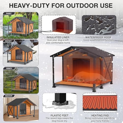 Heated Dog House for Outside Weatherproof Large Dog Kennel with Heating Pad Anti