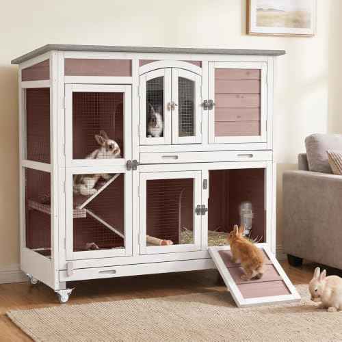 Rabbit Hutch Outdoor 2 Story Bunny Cage Large Wood Guinea Pig Cage ((Brown-Extra Large AIR77))