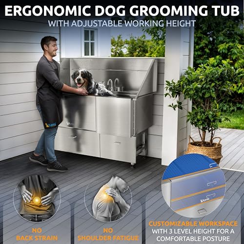 Professional Dog Washing Station 304 Stainless Steel Pet Wash Sink (Silver, Right Ramp, 2 Drawer / 61 Inches)