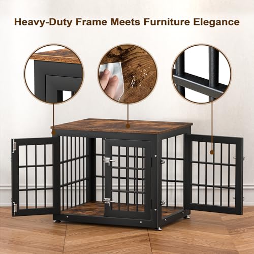 26" Heavy Duty Dog Crate Furniture for Small Dogs (Black + Rustic Brown / 26.0"L x 20.5"W x 22.0"H)