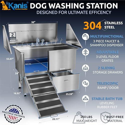 Professional Dog Washing Station 304 Stainless Steel Pet Wash Sink (Silver, Left Ramp, 2 Drawer / 50 Inches)