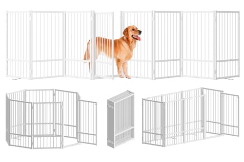 Full Metal Freestanding Dog Gate with Door (【8 Panels】160"W*32H" / White)