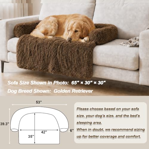 Calming Dog Bed Fluffy Plush Dog Mat for Furniture Protector with Removable Washable Cover for Large Medium Small Dogs and Cats (Brown / 53.0"L x 39.3"W x 6.0"Th)