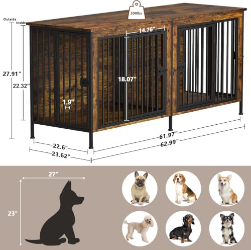 63" Dog Crate Furniture for 1 or 2 Dogs (Brown / 63.0"L x 23.6"W x 27.9"H)
