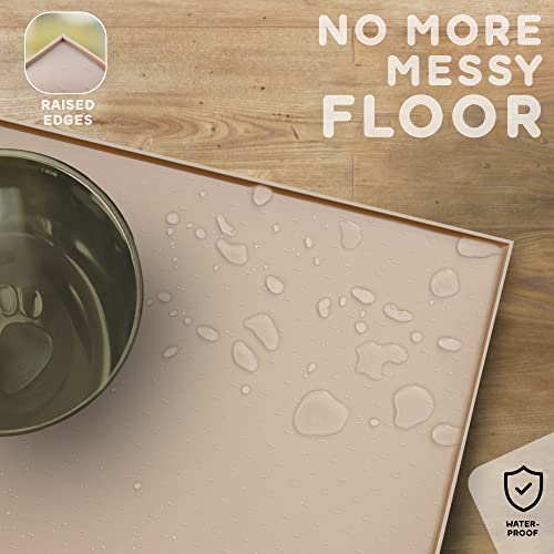 Dog Food Mat 28x18 Raised Edges Dogs Mat for Food and Water Prevent Spill (28"L x 18"W / Beige)
