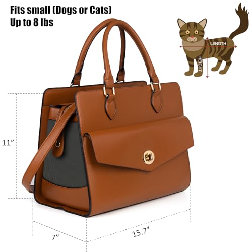 Stylish Pet Carrier Purse Leather Bag for Small Dogs Cats Puppy (Bright Brown / 15.7"L x 10.4"W x 7.0"H)