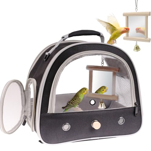Parrot Travel Cage Carrier with Bird Cage Bells Mirror Set (Black / 12.0"L x 8.0"W x 12.0"H)