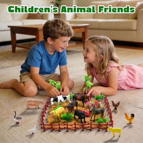 53 Piece Farm Animal Figures Toy with Fence & Building Blocks for Toddlers (Farm Animals Playset)