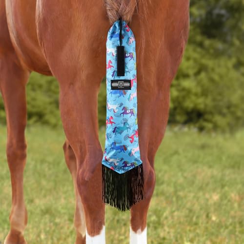 Smooth Lightweight Adjustable Fastener Nylon Horse Tail Bag with Fringe (Pony Print Blue)