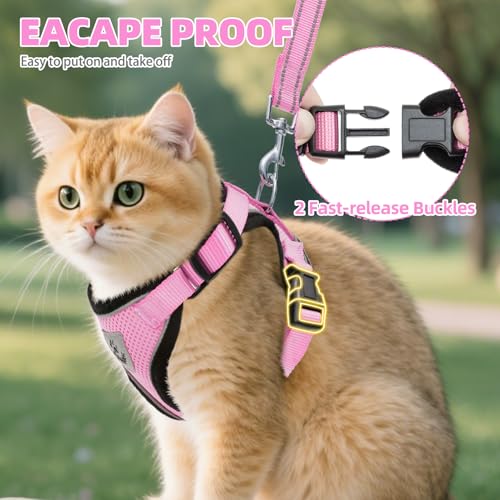 Cat Harness and Leash Set Escape Proof Reflective Cat Walking Harness Adjustable Soft Breathable Mesh Vest for Small Pets (M (NECK 11"-13.7", CHEST 16"-20") / Light Pink)